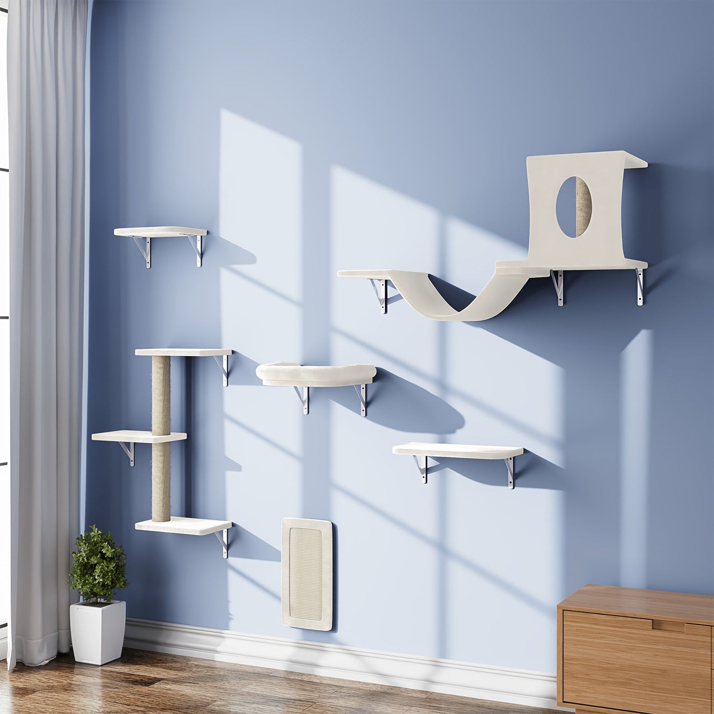 Cat Wall Shelf Climbing Set – 7-Piece Deluxe Wall Mounted Cat Furniture with Condo, Scratching Post, Bridge, Ladder & Tunnel for All Cat Sizes