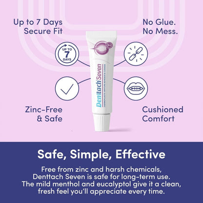 Denttach 7-Day Hold Denture Adhesive Thermoplastic Cushion Reliner Zinc-Free No-Glue Secure Grip for Upper Lower Dentures All-Day Comfort 2 Pack 0.71oz Each