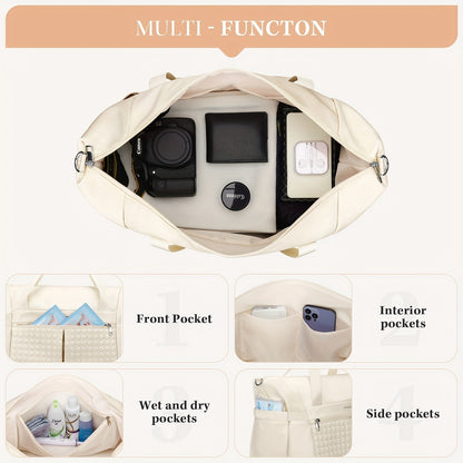 Gym Bag Women 40L Duffel Bag with Shoe Compartment Wet Pocket Polyamide Weekender Travel Tote for Gym Yoga Swimming Hospital Sports Beige