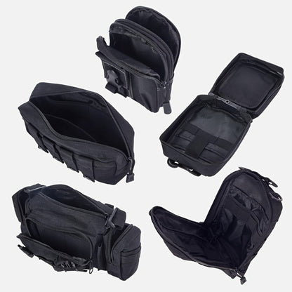 MOLLE Car Seat Back Organizer - 5 Detachable Pouches, 6 Keychains, Tactical Vehicle Panel Organizer for Jeep Truck SUV, Multipurpose Hanging Travel Gear Organizer, Universal Fit, Black