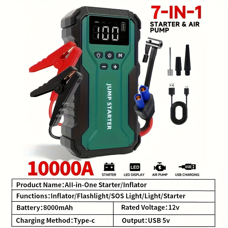 10000A 7-in-1 Multi-functional Emergency Start Power Supply with Air Pump, 150PSL Portable Car Battery Starter, Digital Tire Inflator, Suitable for 2.64 Gallon Gasoline Or 2.38 Gallon Diesel Battery, LED Emergency Light, Car Emergency Tool.