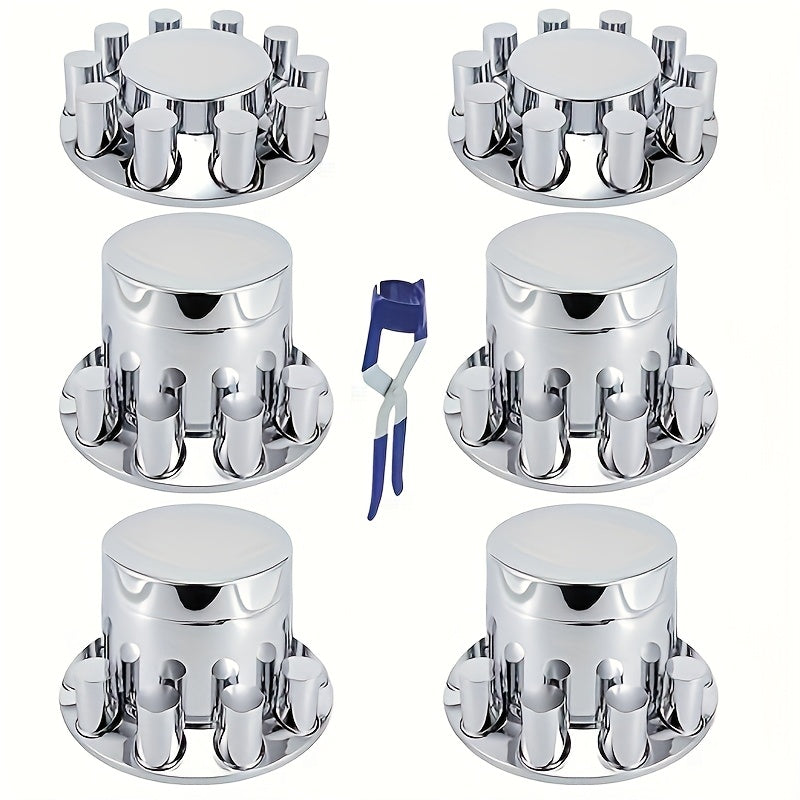 ABS Chrome Plastic Front And Rear Axle Cover Kits with 33mm Thread-on Flange Nut Covers for Semi Trucks In Pairs (Flat Top Front 2 Set & Whole 2+4 Set)