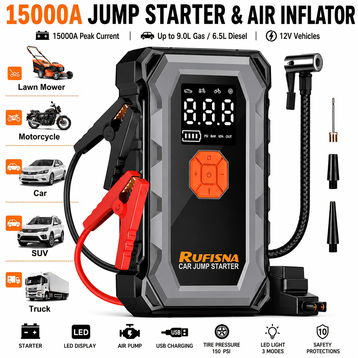 15000A-18000A Peak Jump Starter with Air Compressor, 12V Car Battery Charger, 150 PSI Fast Tire Inflator, All-in-One Emergency Power Bank, LED Flashlight, USB Output, Heavy Duty Jump Starter for Gas & Diesel Cars, SUV, Truck, Roadside Rescue Kit.