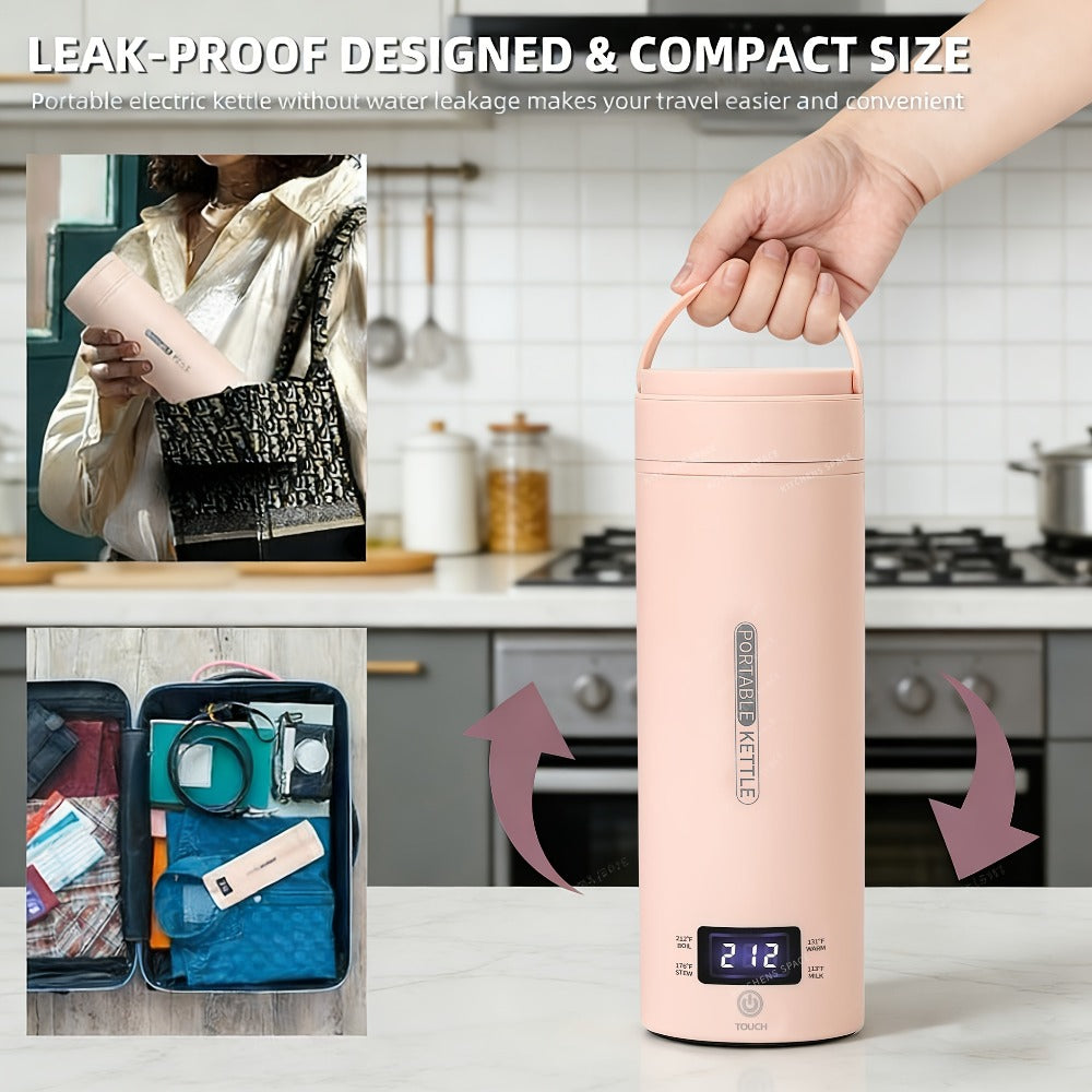Travel Electric Kettle Mini Portable – Small Water Boiler with 4 Temperature Settings, 304 Stainless Steel, Auto Shut-Off & Boil-Dry Protection, BPA-Free Compact Tea Coffee Kettle with Leather Sleeve – Pink, Black, White