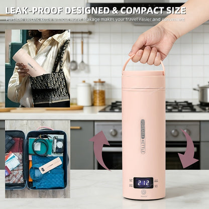 Travel Electric Kettle Mini Portable – Small Water Boiler with 4 Temperature Settings, 304 Stainless Steel, Auto Shut-Off & Boil-Dry Protection, BPA-Free Compact Tea Coffee Kettle with Leather Sleeve – Pink, Black, White
