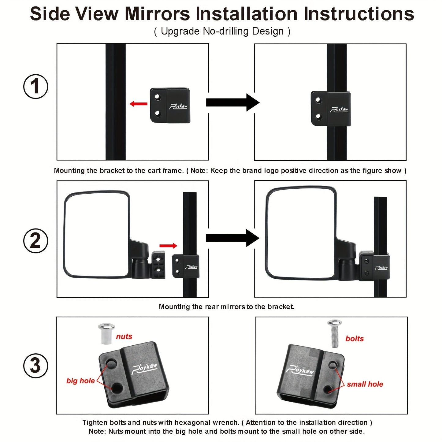 Convex Golf Cart Side Rear View Mirror for EZGO Club Car Yamaha G29 Square Frame – No Drilling Easy Install Wide Angle Blind Spot Mirror