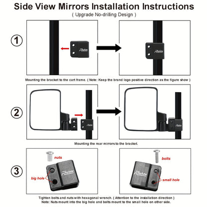 Convex Golf Cart Side Rear View Mirror for EZGO Club Car Yamaha G29 Square Frame – No Drilling Easy Install Wide Angle Blind Spot Mirror
