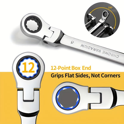 CR-V Flex Head Ratchet Wrench Set 5-Piece – 2-in-1 Reversible Open End & Hex Socket Dual-Purpose Kit | Automotive Engine Bay, Plumbing, DIY Workshop & Confined Space Repair