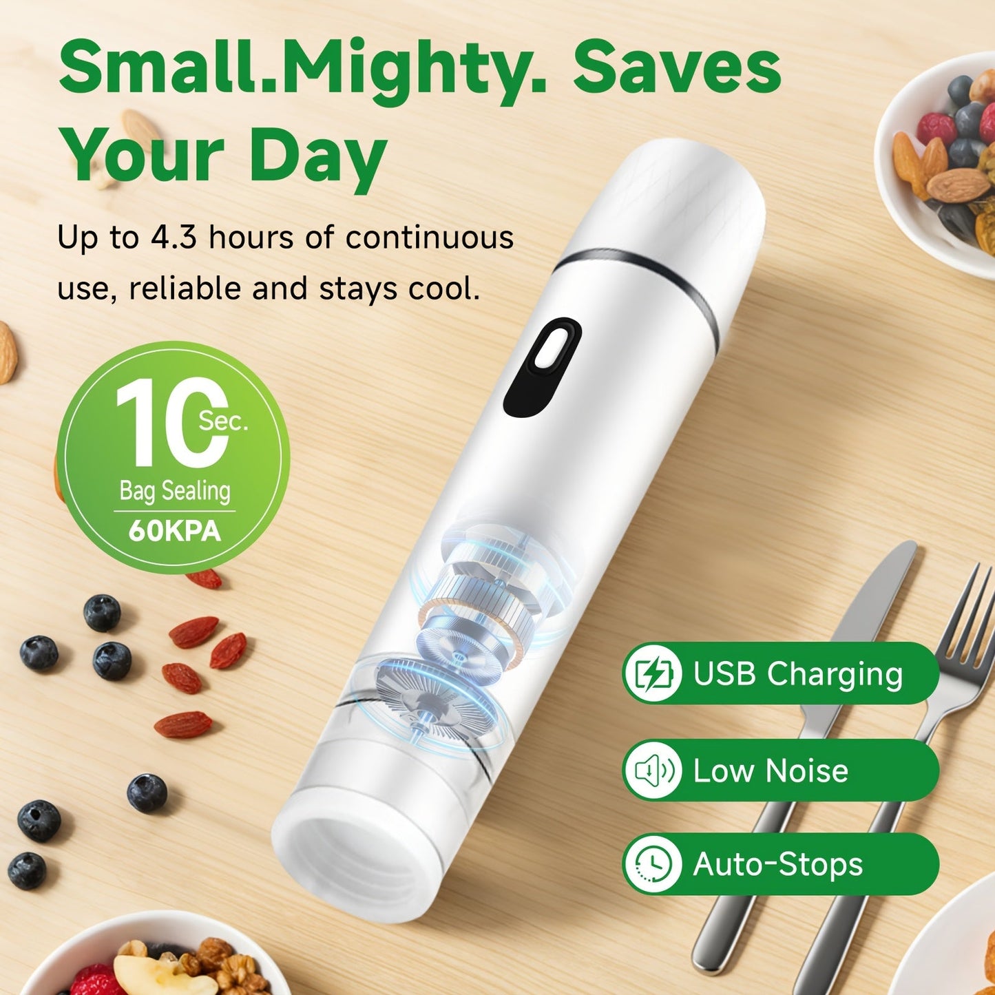 Vacuum Sealing Machine with Reusable Vacuum Bags – Compact Handheld Food Sealer, Portable Meal Storage Device, Powerful Suction, Kitchen Food Preservation Tool with 10 Reusable Bags Included