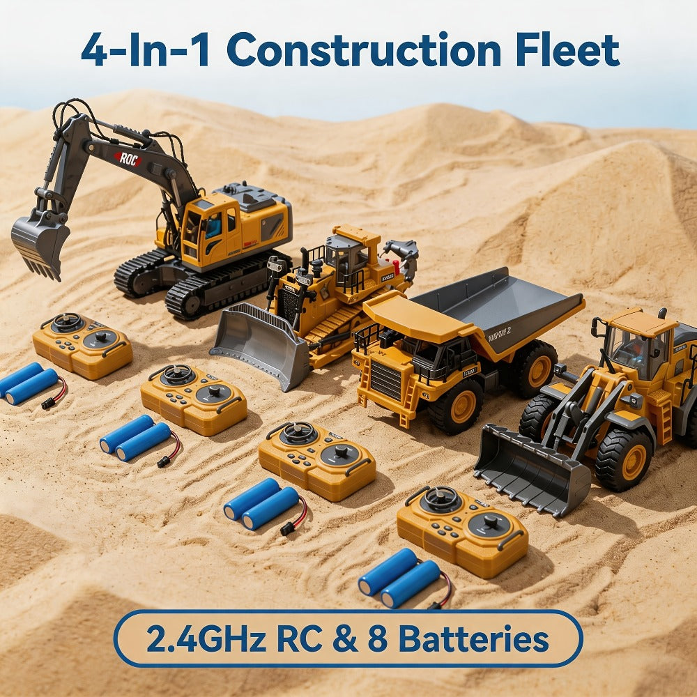 RC Construction Vehicle Set 2.4G 11-Channel Remote Control Excavator Dump Truck Bulldozer | 1:24 & 1:64 Alloy Engineering Toy | 2-in-1, 3-in-1, 4-in-1 Kit for Kids Adults