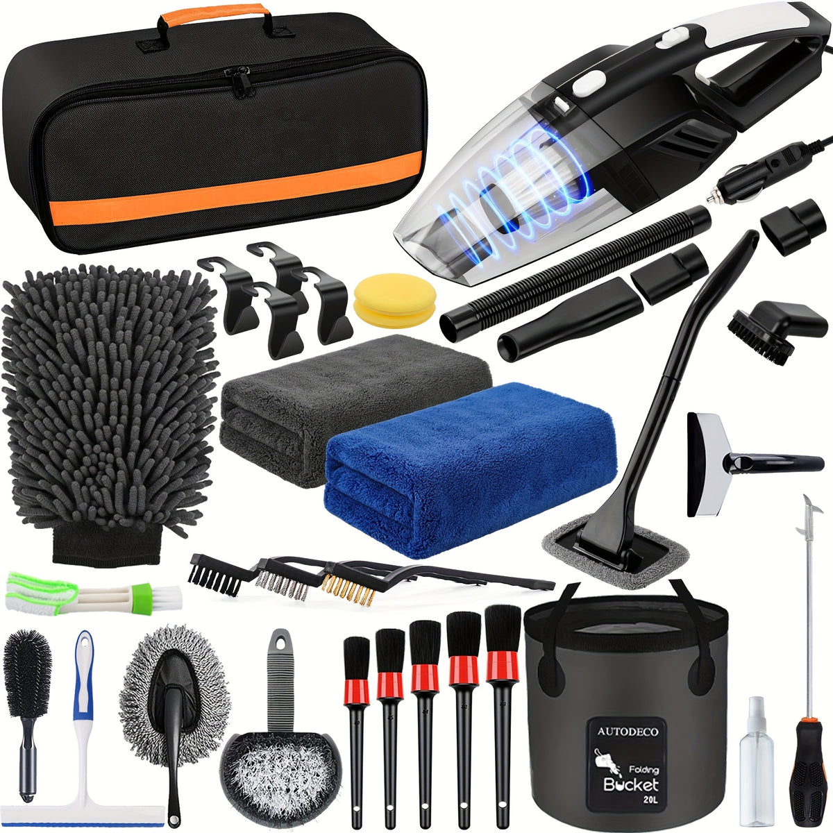 FCLUSLL 41pcs Car Cleaning And Washing Kit, Internal Detail Cleaning Kit, Equipped with High-power Handheld Vacuum Cleaner, Foldable Bucket, Windshield Tool, Snow Shovel, Tire Brush, Complete Set Of Car Care Tools, Holiday Gift for Family