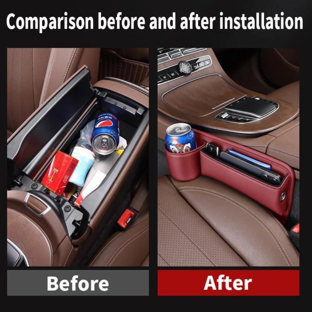 Car Seat Gap Organizer PU Leather – Side Filler Storage Box with Phone, Card, Key & Cup Holder, Non-Slip, Universal Fit, Front Seat Gap Pocket, 1pc or 2pc Set