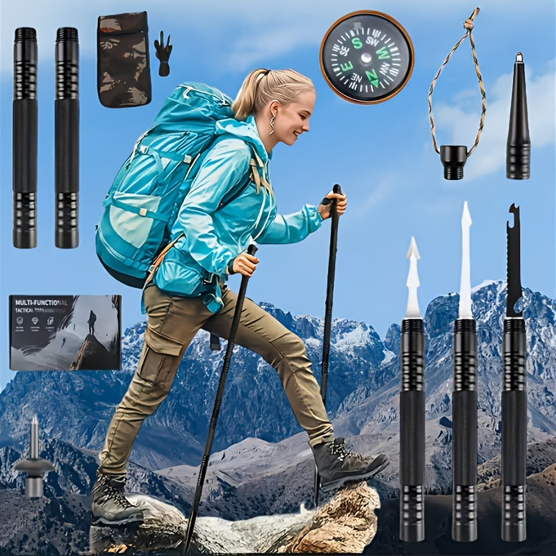 Tactical Trekking Pole Adjustable Hiking Stick | Titanium Alloy with Built-In Compass Canvas Storage Pouch & Combination Lock | Multi-Function Outdoor Hiking Camping Survival Gear Gift Black