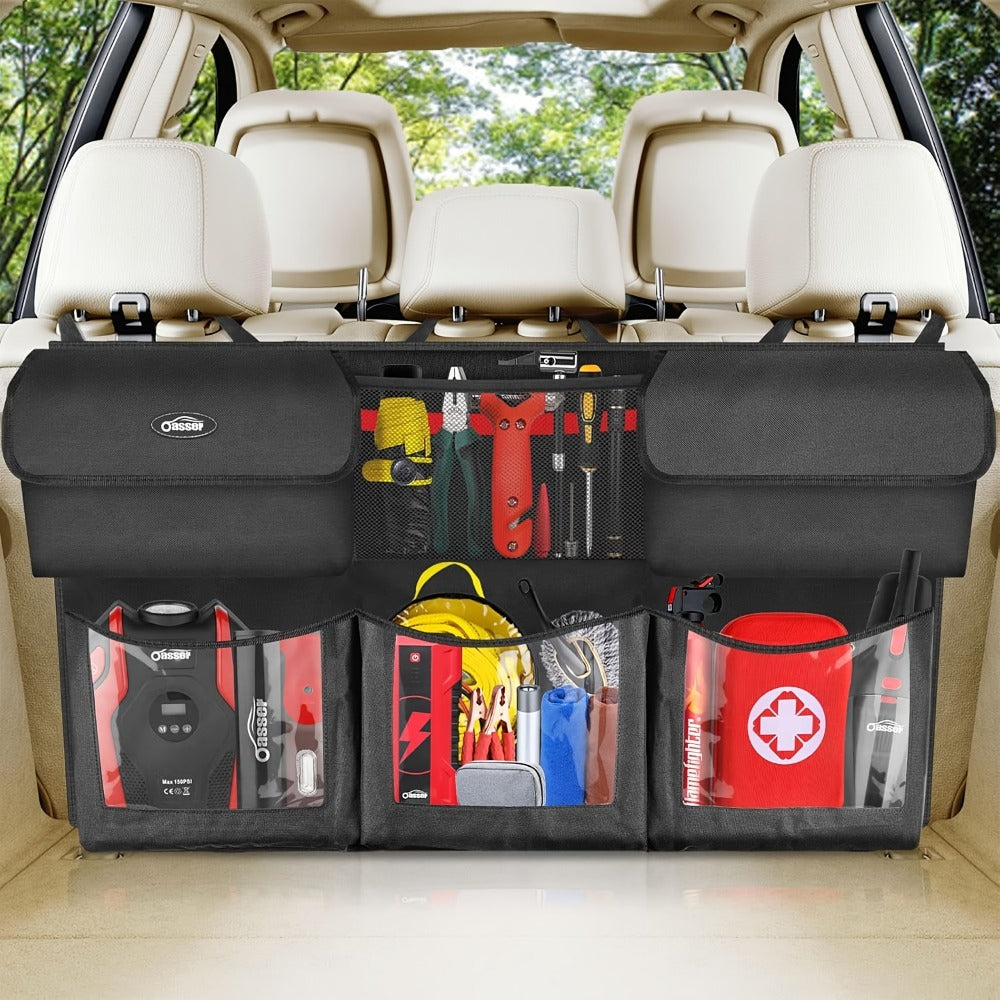 Suspended Car Trunk Organizer – Foldable Rear Seat Cargo Storage Bag with 6 Large Pockets & 3 Adjustable Straps, 40x19 Inch Trunk Organizer for Car