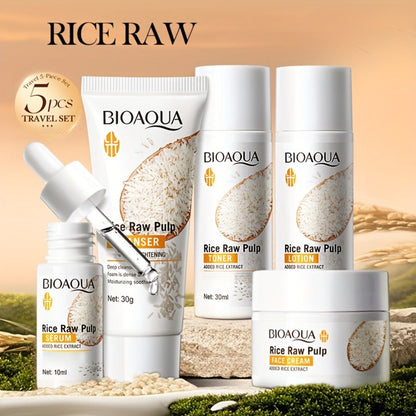 Rice Raw Pulp Skincare Set 5pcs Mini Travel Size Brightening Moisturizing Facial Care — Cleanser Toner Essence Cream Lotion for Women All Skin Types Hydrating Routine Gift