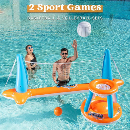 Inflatable Pool Game Set for Kids & Adults – Volleyball Net Court & Basketball Hoops with Balls, Floating Swimming Party Toy for Summer Pool Backyard Outdoor Fun, Large