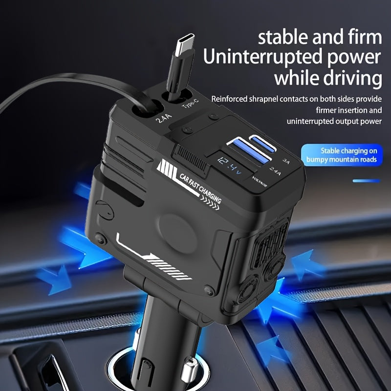 Mech Style Super Fast Car Charger, 4 In 1 Retractable Car Phone Charger 120W, Retractable Cables For Iphone And USB Car Charger, Compatible With for iphone 14/13/12/11, Galaxy, Pixel - For Ios And Android(Gift Magnetic Holders Included)