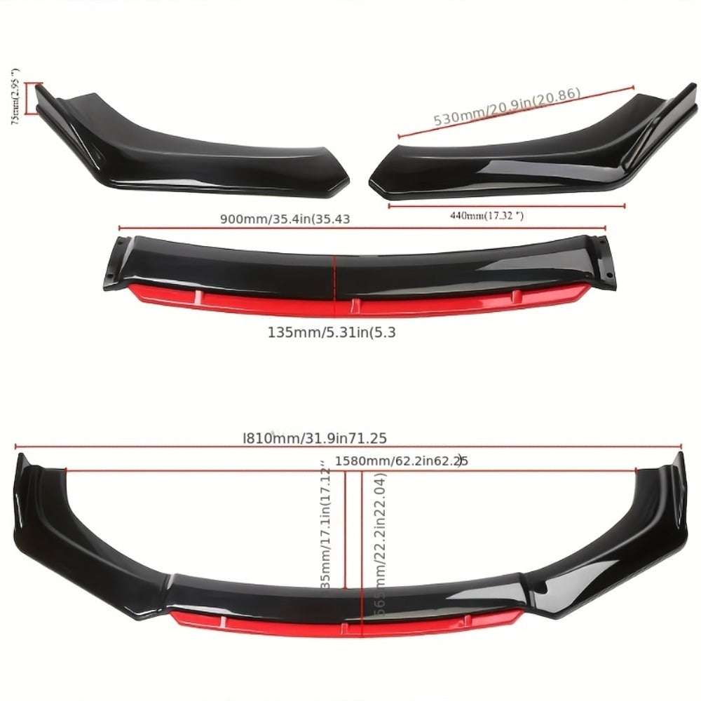 Car Front Lip Spoiler Kit 4pcs Universal ABS Front Bumper Splitter Spoiler Glossy Black Red Accent Aerodynamic Design Easy Clip-On Install Fits 95% Vehicles Durable Scratch Resistant