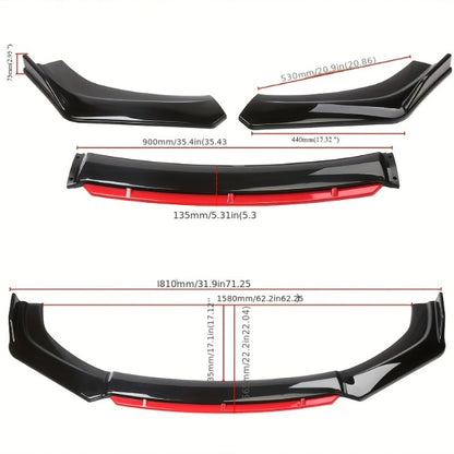 Car Front Lip Spoiler Kit 4pcs Universal ABS Front Bumper Splitter Spoiler Glossy Black Red Accent Aerodynamic Design Easy Clip-On Install Fits 95% Vehicles Durable Scratch Resistant