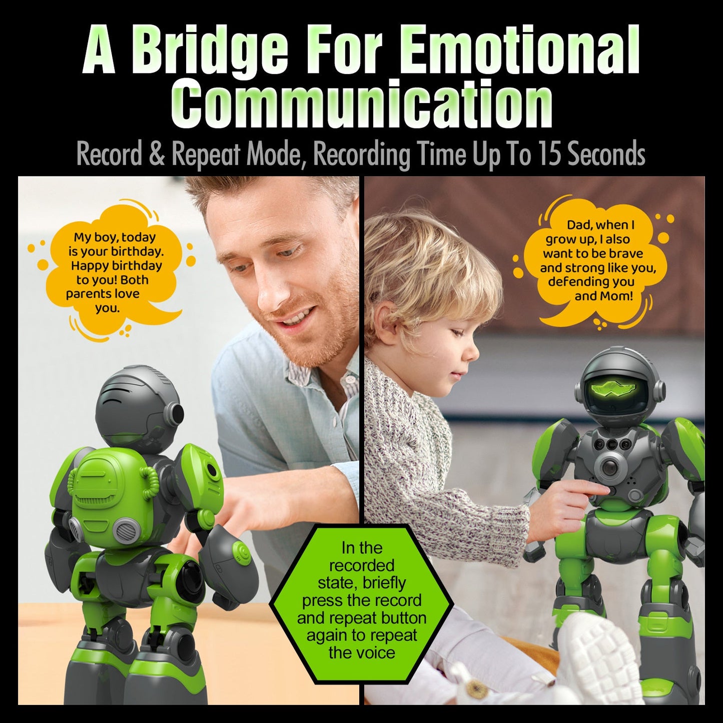 Gesture Control RC Robot Toy for Kids – Voice Recording, Programming, EMO LED Infrared Intelligent Interactive Robot, STEM Gift for Boys Girls Ages 6 7 8 9 10, Birthday Christmas (Green/Blue/Yellow)