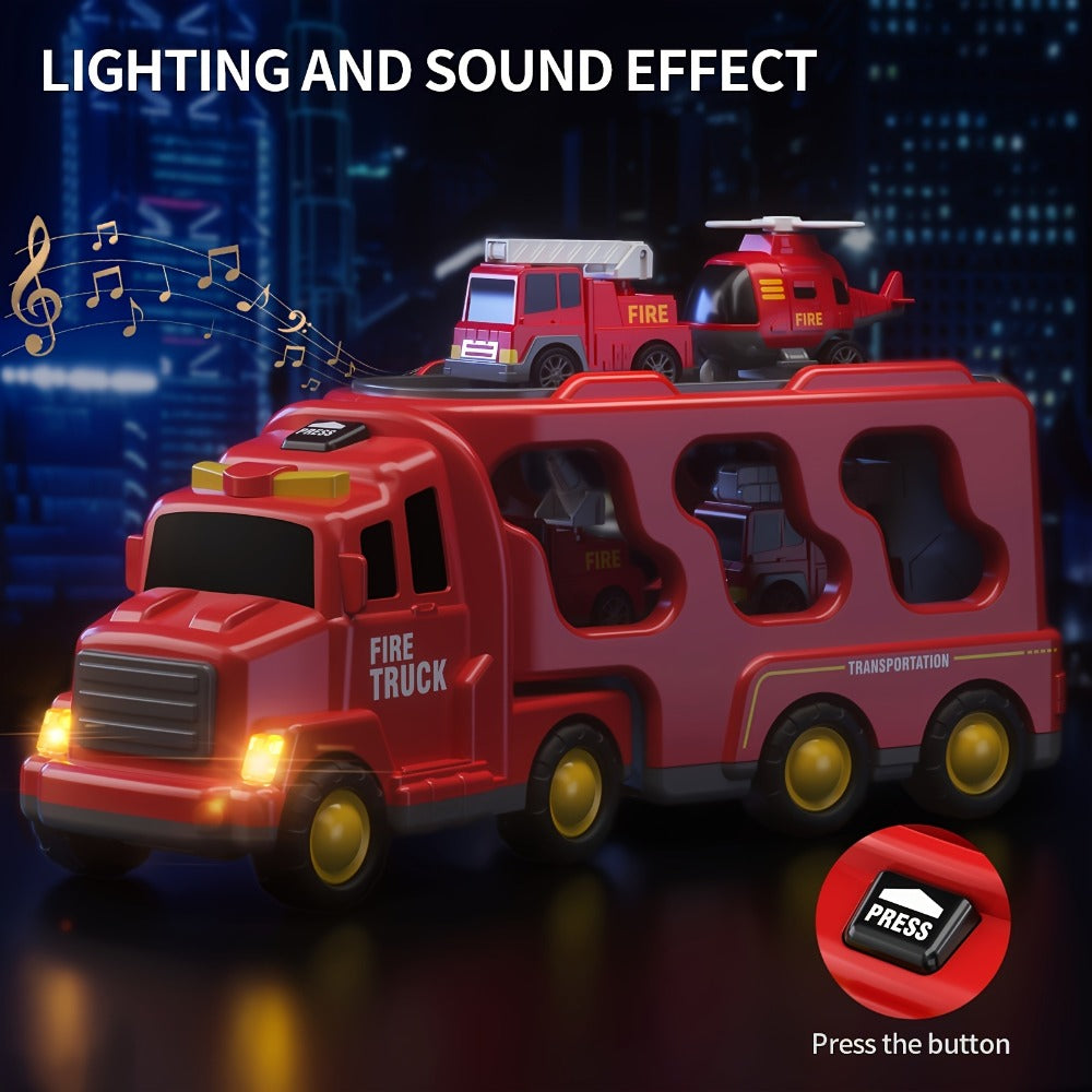 5-in-1 Fire Truck Playset for Kids 3-9, Friction Powered Interchangeable Rescue Vehicles Set with Carrier Truck, Red Plastic Toy Cars for Boys and Girls, Birthday Christmas Gift