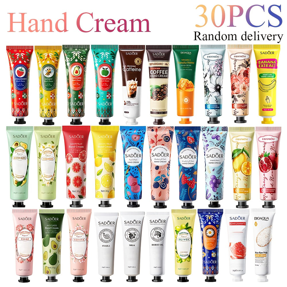 Mini Hand Cream Gift Set 30pcs Travel Size Moisturizing Lotion — Glycerin & Lactic Acid Non-Greasy Formula, 30 Random Scents, Winter Dry Skin Care, Perfect Gift for Women Family & Stocking Stuffers (30g Each)