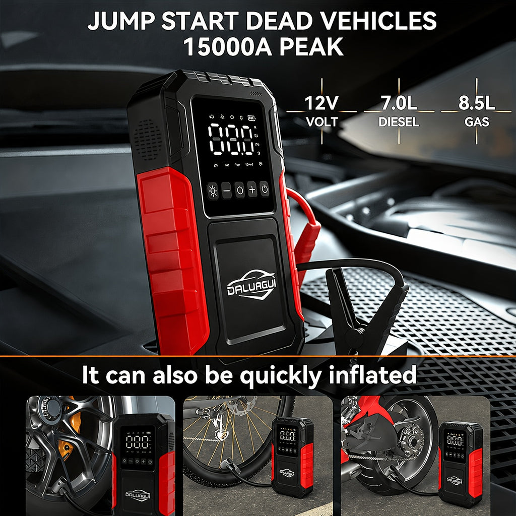 12-In-1 Car Emergency Jump Starter 15000A with Battery Charging System, Optional Air Compressor 150PSI, LED Work Light, USB Type-C Fast Charging And LCD Power Display