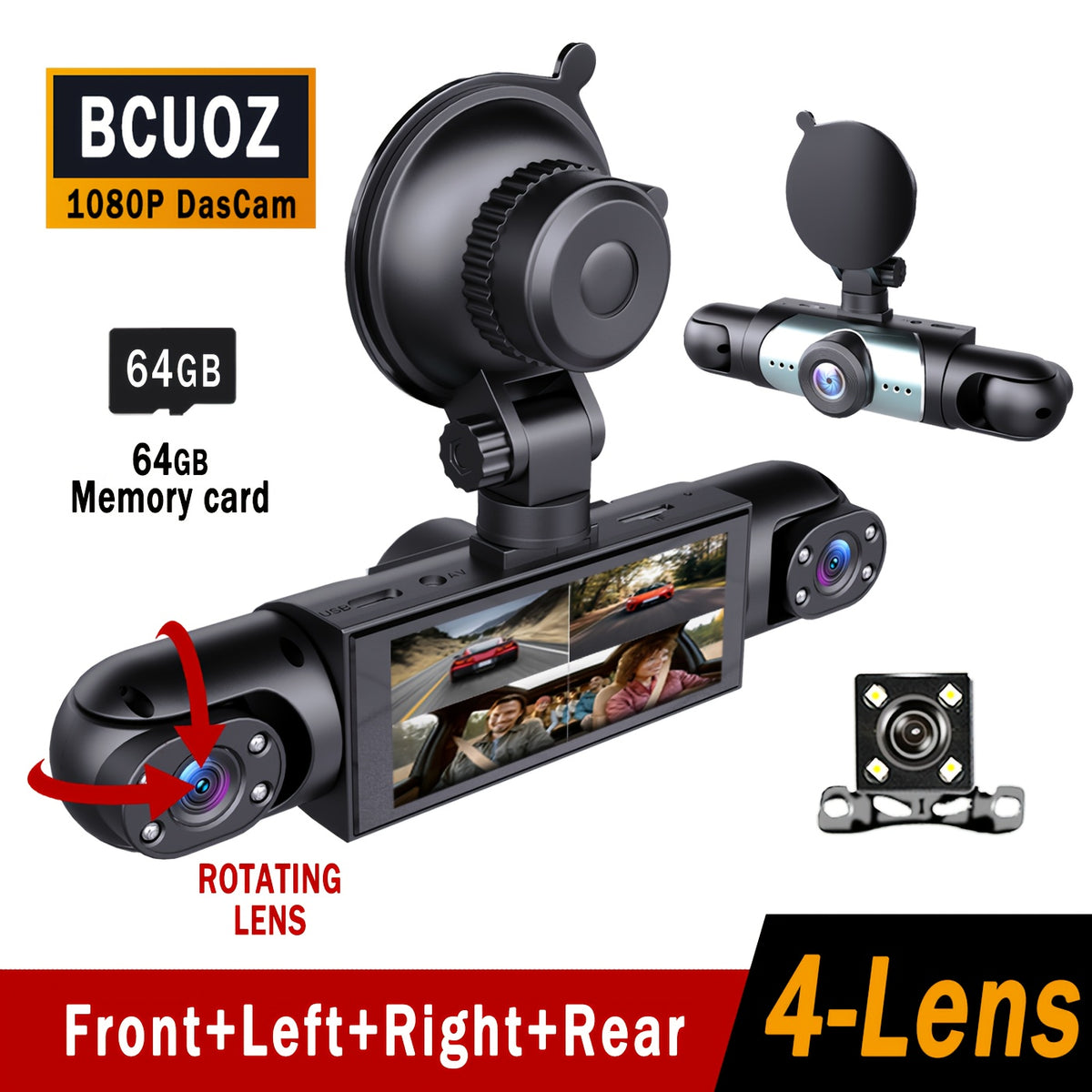 BCUOZ Dual Lens/Four Lens Car Additions 1080P Dashcam, 1080P Front And 720P Inside/Left/Rear Cameras, Adjustable Multi-Angle, 3.16-Inch Display, Infrared Night Vision, Wide Angle, Loop Recording, 12-24V Car Plug