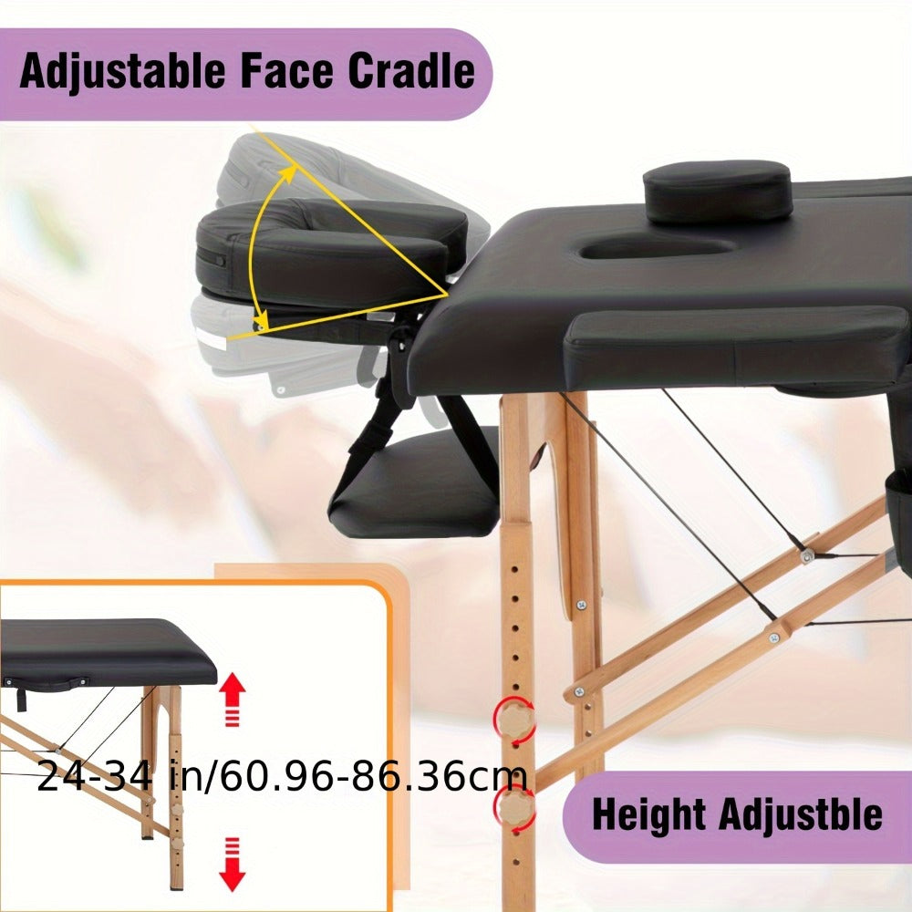 2-Fold Portable Massage Table with Face Cradle & Carrying Bag — Adjustable Height PU Leather Lash Bed for Spa, Tattoo, Esthetician & Home Use, 6 Colors, 2 Sizes