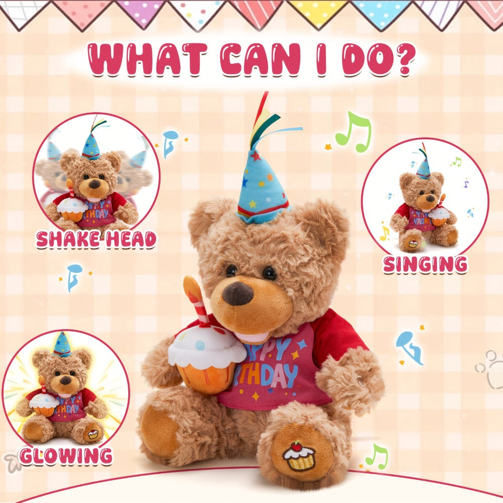 Singing Birthday Teddy Bear Plush Toy 13.5 Inch Interactive Stuffed Animal with Glowing Cupcake Candle Electric Music Bear Gift for Kids Girls Boys Baby Shower Christmas Holiday