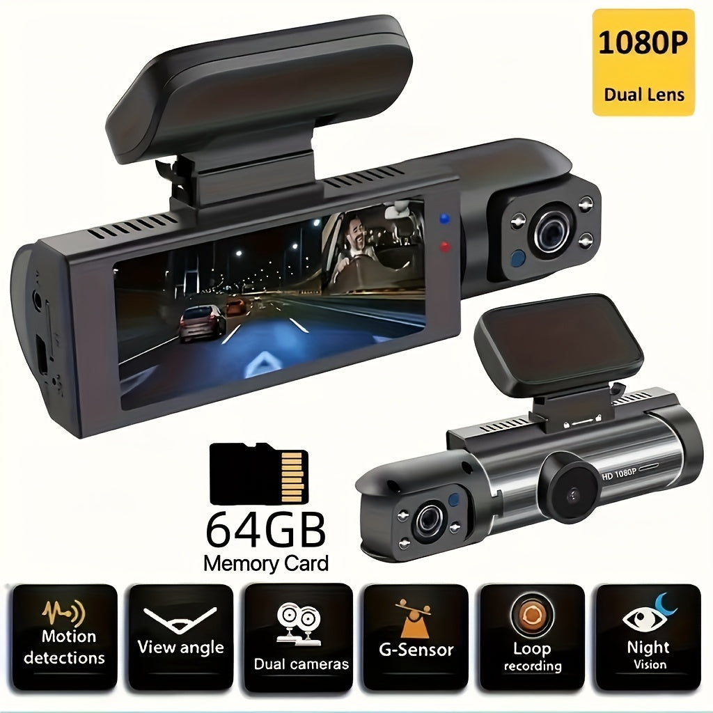Pomeranian 1080P Dual Camera, Car Dashboard Camera, Front And Interior, Car Camera with Infrared Night Vision, Circular Recording, Wide-angle Car DVR Camera with 3.16-inch IPS Screen, Dual Lens Video Camera, Optional Cardless/64GB Memory Card