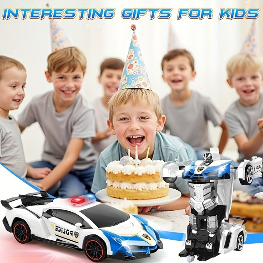 2-in-1 Transform RC Car Robot with One-Button Deformation, 360° Drift, LED Lights & USB Rechargeable Battery – 1:18 Scale 2.4GHz Remote Control Toy for Kids Ages 3+, Birthday Gift (Police/Spider)