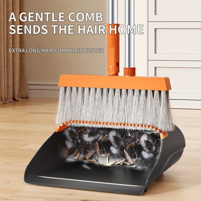 Folding Broom and Dustpan Set 50 Inch Extended Handle - Dense Elastic Bristles Wide Deep Dustpan for Dust Hair Debris, Foldable Broom for Home Kitchen Bathroom Bedroom Living Room, Blue White Black Orange Khaki