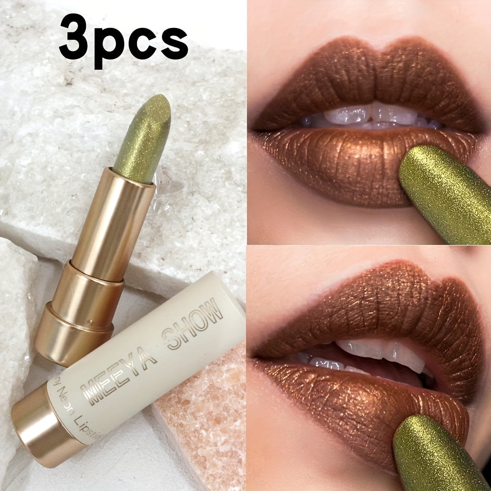 Sparkling Golden Brown Glitter Lipstick Set 3 Pcs – Metallic Shimmer Finish Multi-Dimensional Lip Color for Party Cosplay Festival Halloween, Bold Statement Makeup Gift for Women