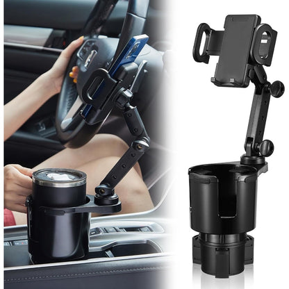 2in 1 Cup Holder Expander for Car Long Arm with 360°Rotation Cup Holder Cell Phone Holder for Car Compatible for All Smartphones Cup Holder Phone Mount