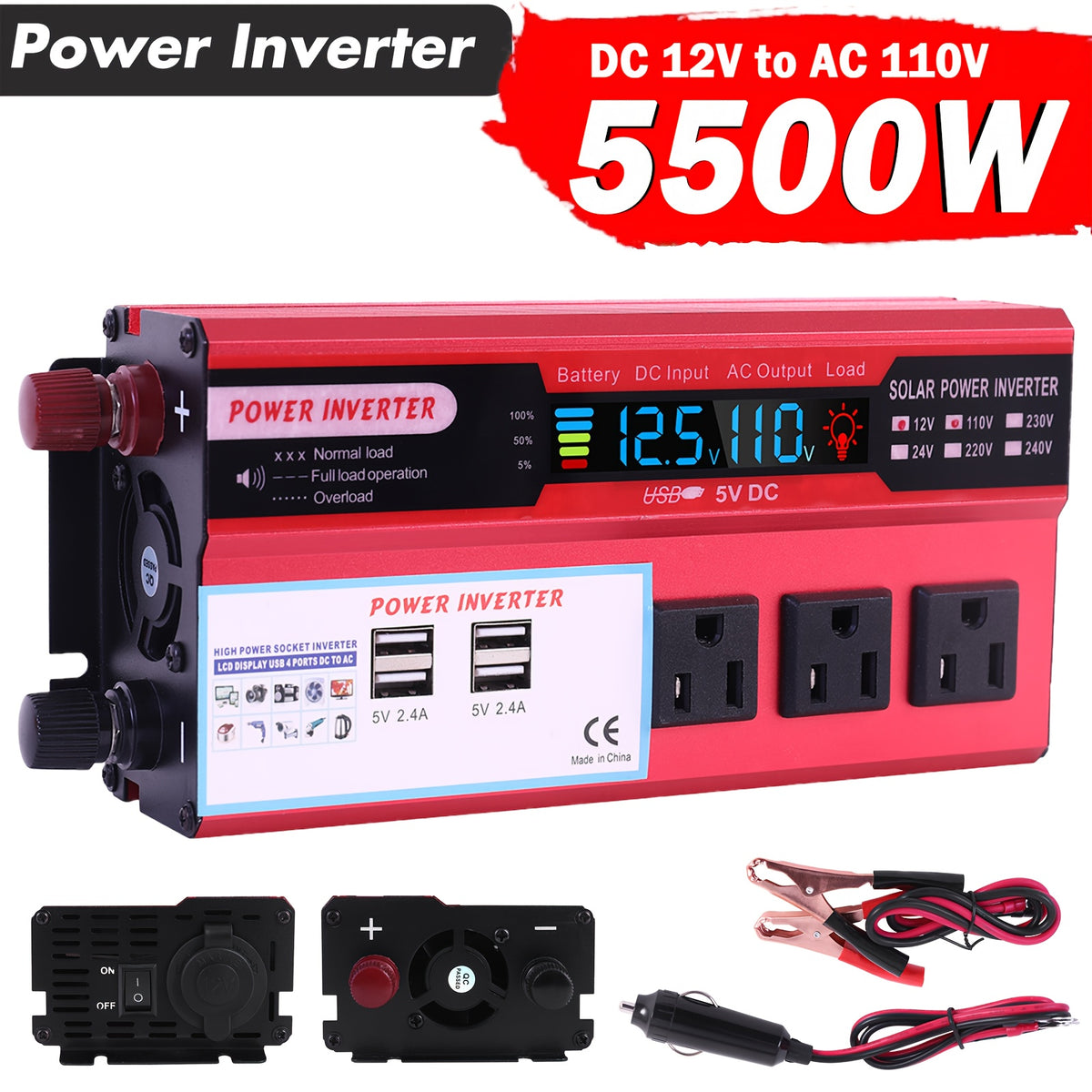 5500W Peak Power Inverter, Car Pure Sine Wave Inverter DC 12V to AC 110V, with LCD Digital Display And 4 USB Ports, 3 US Sockets, Fast Charging for Vehicles Trucks Rvs And Outdoor, Without Battery