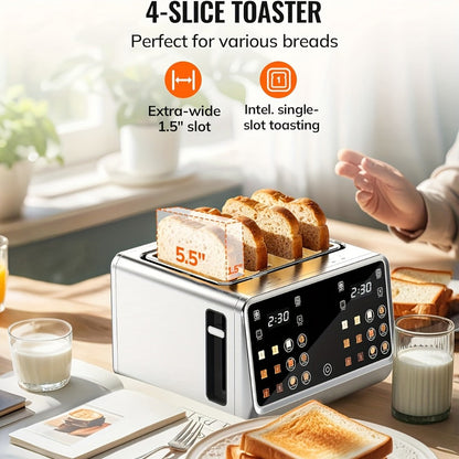 4-Slice Digital Smart Toaster with Touchscreen | Dual Control Panel, Single Slot Toasting, Timer, Reheat & Defrost Functions for Bagels, Bread & Waffles – Stainless Steel Kitchen Essential