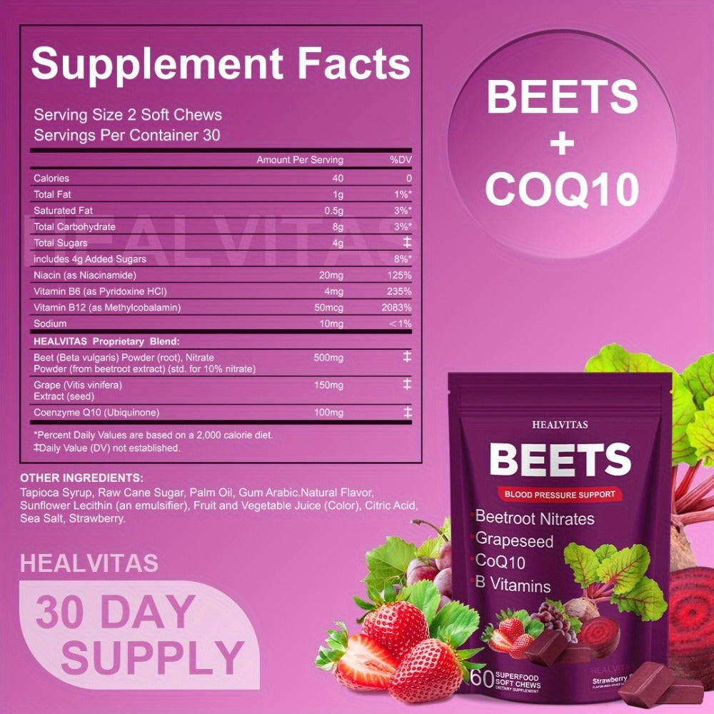 Beet Root Gummies for Blood Pressure & Heart Health with CoQ10 Vitamin B12 B6 Grapeseed Extract — Chewable SuperBeets Blood Flow Booster Nitric Oxide Supplement for Men Women 1 2 3 Pack