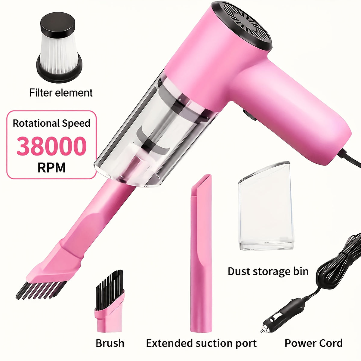 12V Compact Handheld Car Vacuum - Powerful, Wired for Easy Dust & Pet Hair Removal - Includes Accessories Kit - Silent Operation