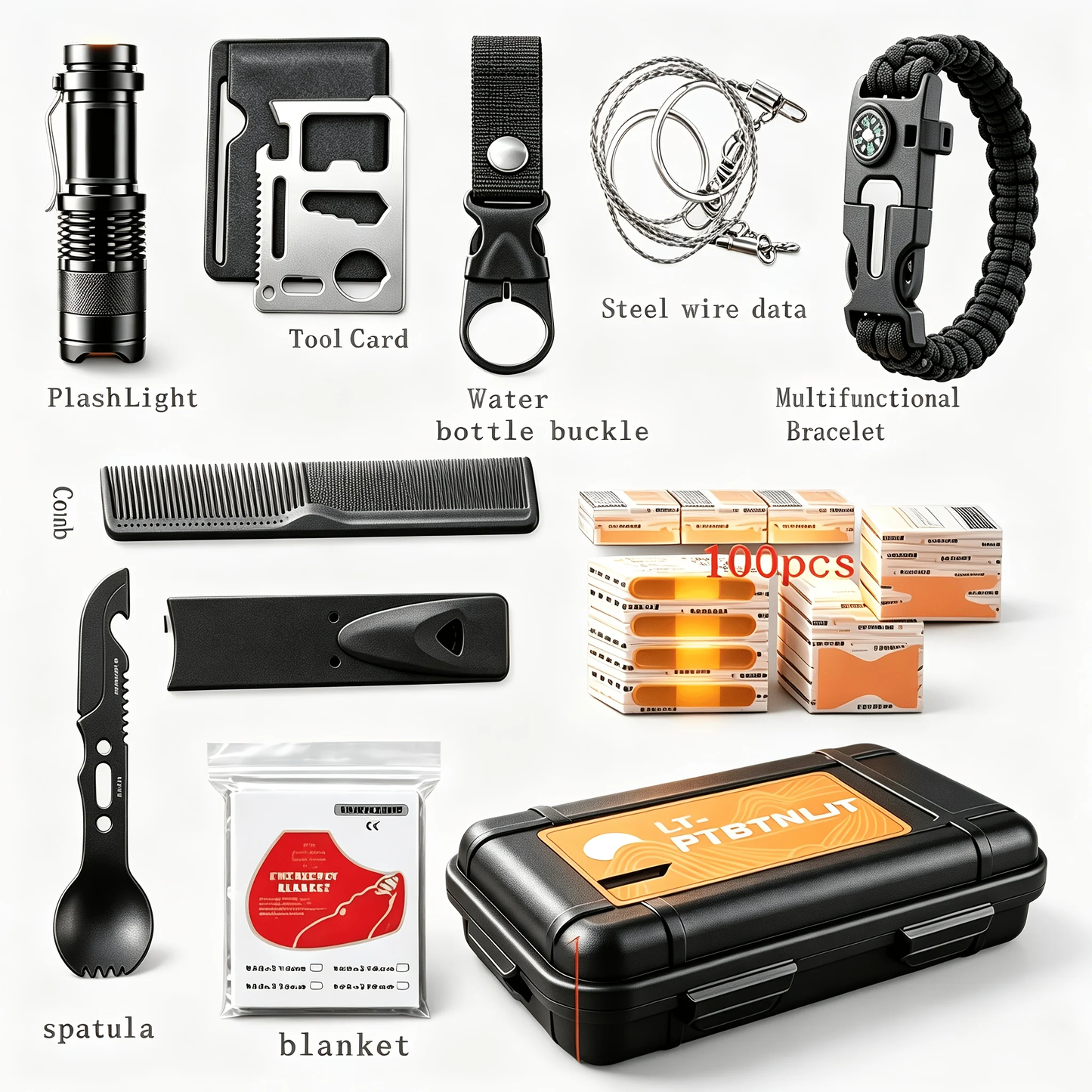 Outdoor Survival Kit 12-115 Piece – Emergency Gear Set for Camping, Hiking & Survival, Multi-Tool Equipment for Men, Dad, Husband – Unique Outdoor Gift Idea