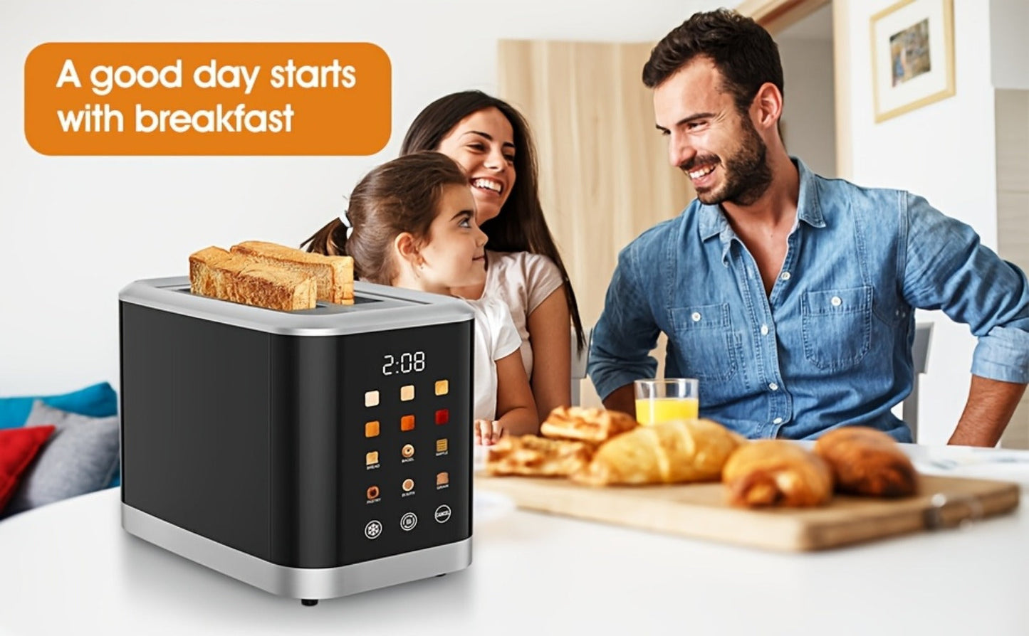 2 Slice Toaster with Touch Screen – 1.5" Wide Slot for Bread, Bagels & English Muffins, 6 Bread Types, 5 Toast Shade Settings, Cancel & Defrost Functions