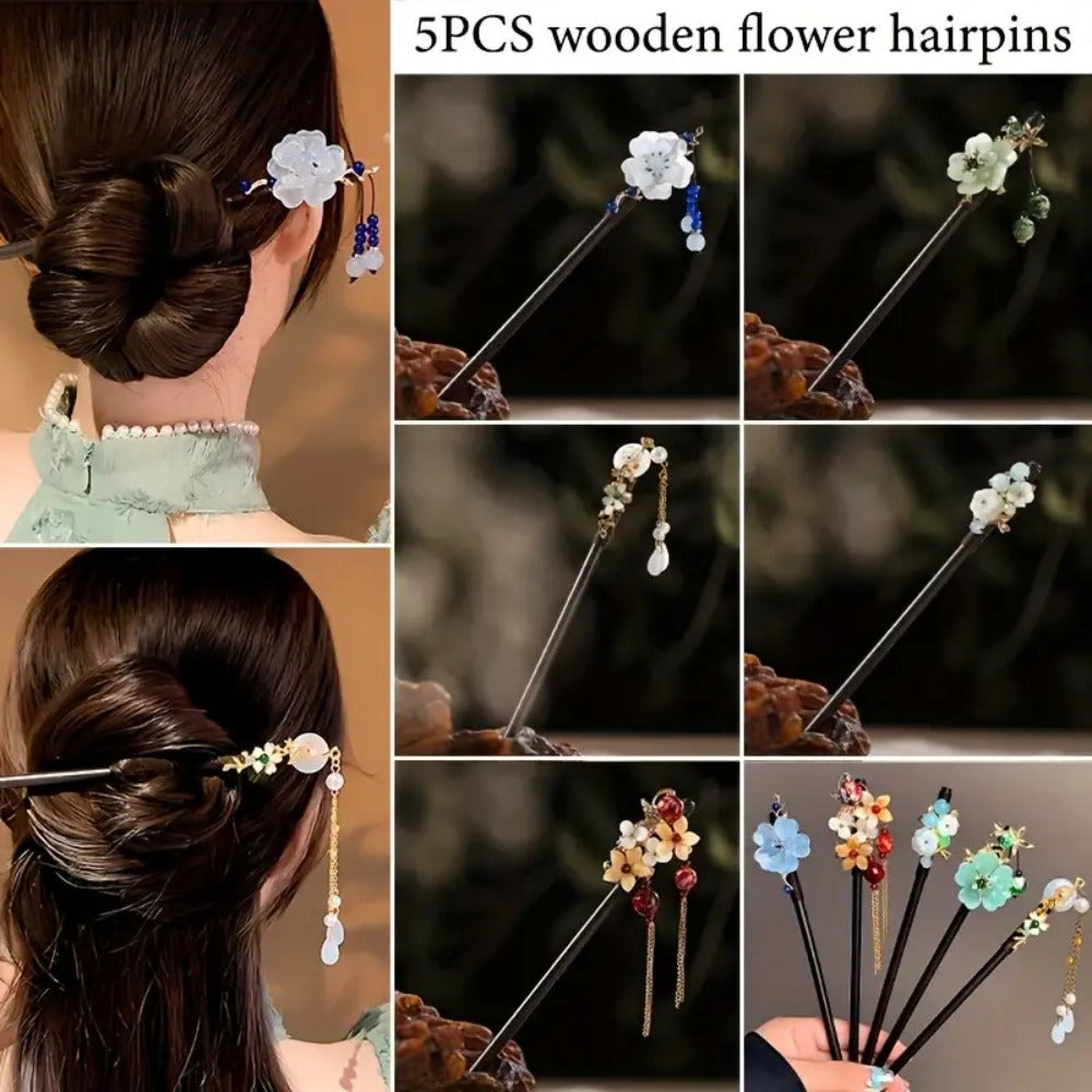 Wooden Hairpins for Women 5 Pack – Retro Flower Hair Pins Minimalist Boho Hair Accessories for Updos Buns Chignons Braids Daily Styling Gift Set 5 Mixed Colors Natural Wood