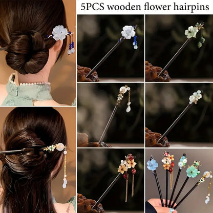 Wooden Hairpins for Women 5 Pack – Retro Flower Hair Pins Minimalist Boho Hair Accessories for Updos Buns Chignons Braids Daily Styling Gift Set 5 Mixed Colors Natural Wood