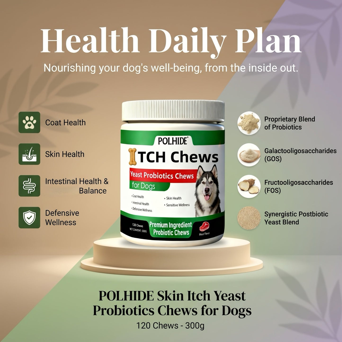 Dog Probiotic Chews 120 Count Heart-Shaped Soft Chews with Yeast & Meat Flavor | Supports Gut Health Coat & Immunity | All Breeds All Ages | 120-Day Supply Pet Digestive Supplement Daily Wellness Chew