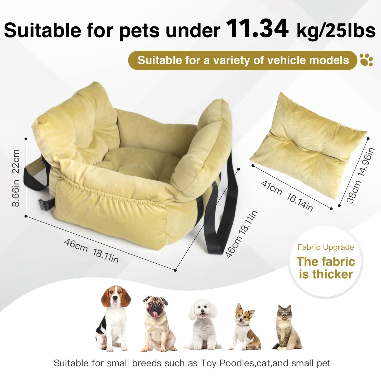 Dog Car Seat Carrier Booster with Safety Harness - Pet Travel Seat for Dogs & Cats, Handheld & Shoulder Strap, Fits Front & Back Seat, Multi-Scene Use for Cafe Park Outdoor