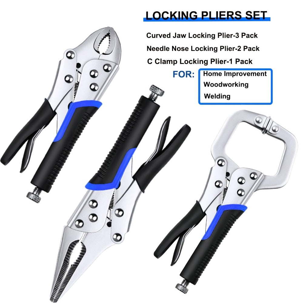 Pliers Set 6-Piece – Needle Nose, Curved & Locking C-Type Pliers, 5–10 Inch Sizes, Versatile Vise Grip Tool Kit for Home Repair, Automotive, Electrical & DIY Projects