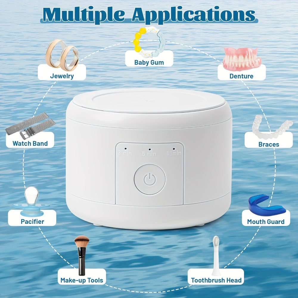 Electric Ultrasonic Cleaner Machine for Dentures Jewelry & Glasses — USB Rechargeable 3 Speeds Auto Timer 180ml Tank One-Touch Portable Dental Cleaning Device for Home & Travel