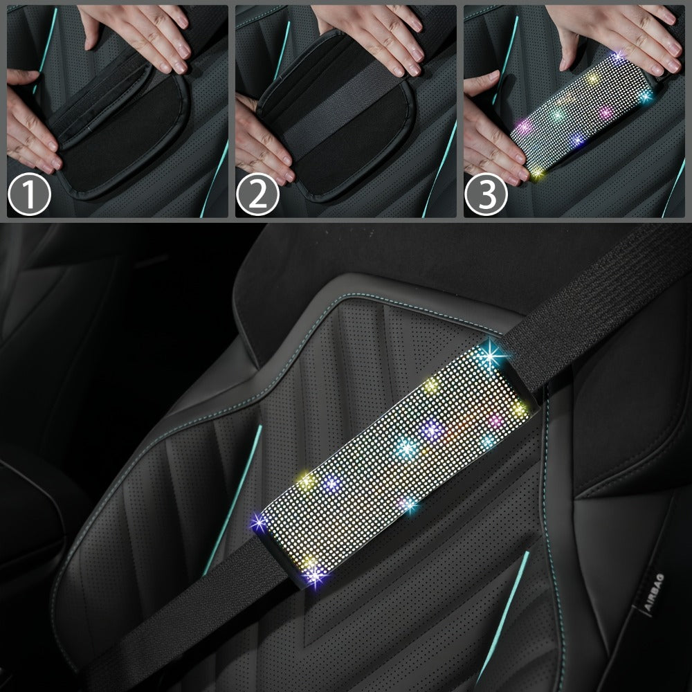Rhinestone Car Accessories Set for Women 8 Pcs – Bling Steering Wheel Cover Cup Coasters Seat Belt Pads Shift Knob Cover Starter Rings – Multicolor Pink Purple