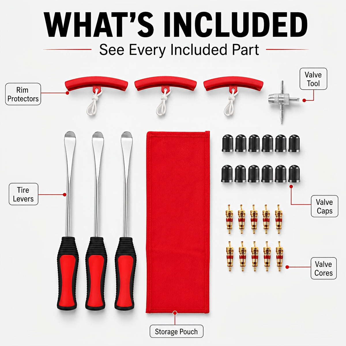 29/24/12pcs Tire Changing And Valve Service Tool Kit with Tire Lever Tools, Valve Caps, Valve Cores, 4-Way Valve Tool, And Storage Pouch for Garage Tire Maintenance And Vehicle Care
