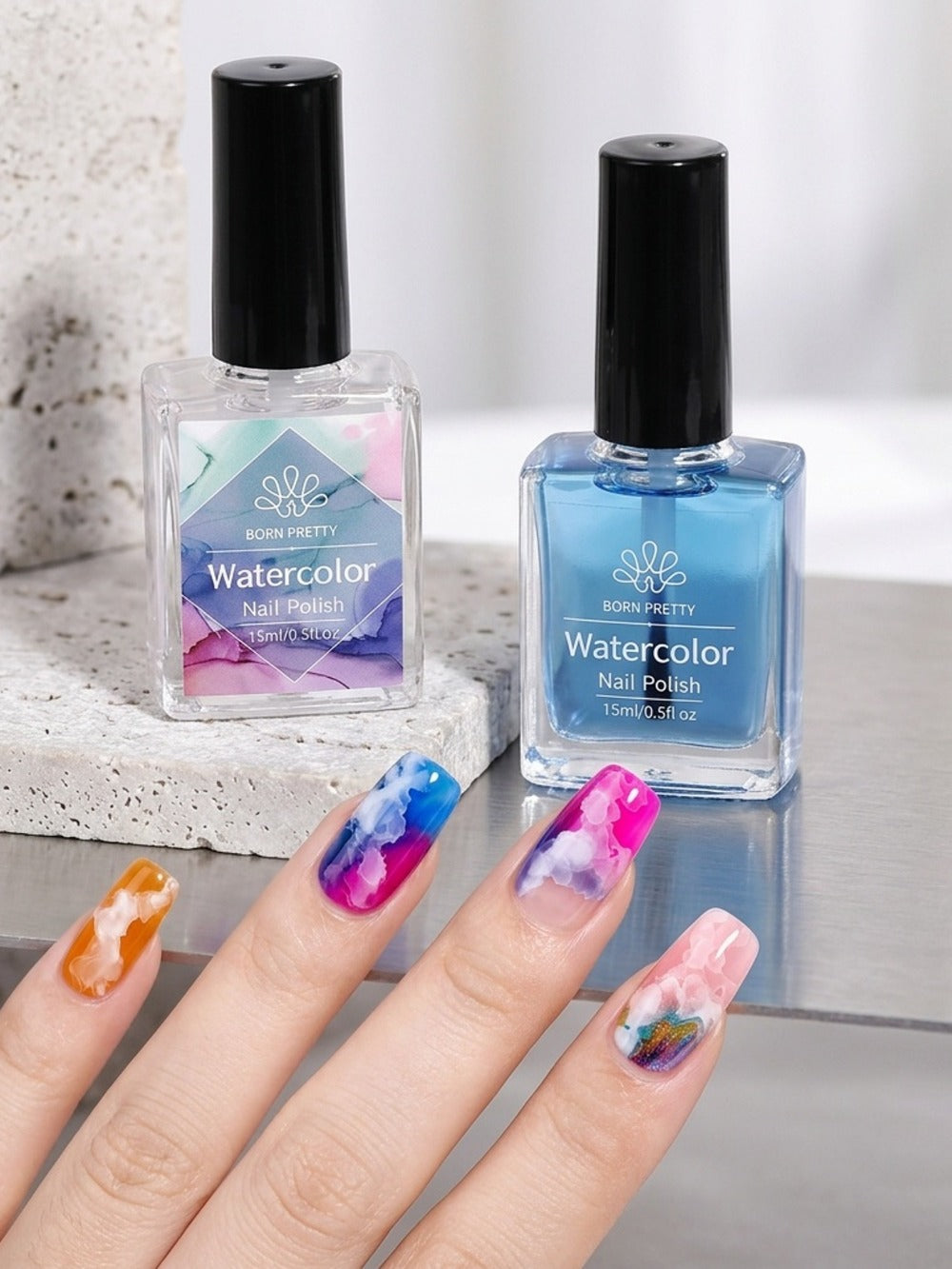Blooming Gel Nail Polish White Watercolor Gradient Flower Effect — Semi-Permanent Soak-Off LED UV Nail Art Ink, Floral Marble Manicure Tool for Women Home Salon, Bridal Wedding Nails Gift